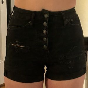 Super high rise, curvy, midi button up jean shorts (black)
